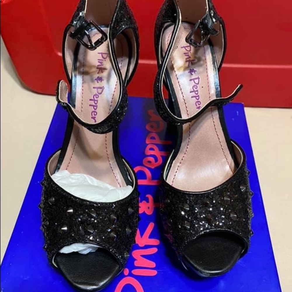 Pink and pepper black platform heels - Picture 4 of 5